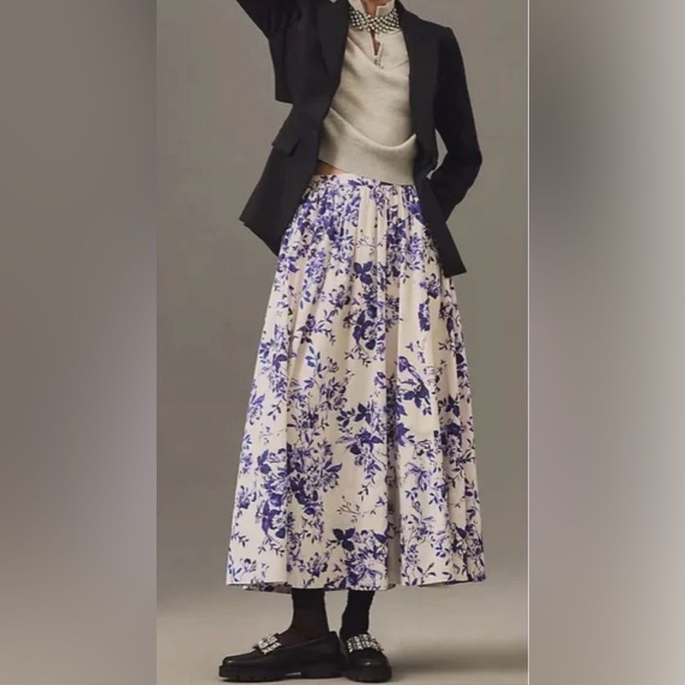 Anthropologie Cream Maxi Skirt with Purple Floral Pattern